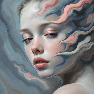 The primary subject of the image is a woman with long hair, who is the main focus of the scene. She is depicted with a pink and blue color scheme, which gives the image a vibrant and lively atmosphere. The setting is a cloudy background, which adds to the overall mood of the image. The visual style of the image is a combination of digital art and illustration, creating a unique and artistic representation of the woman.